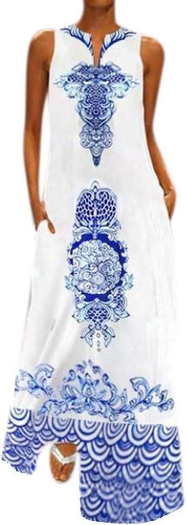 Weant Women's Vintage Boho Print High Split Maxi Dress W/ Pockets