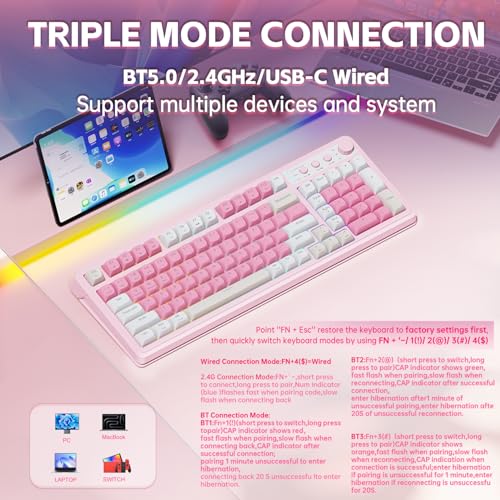 AULA 99 Key Keyboard, Wireless Gaming Keyboard Bluetooth Computer Keyboards Creamy Cute with Number Pad RGB Backlit Tri-Mode BT/2.4GHz/USB-C - Pink