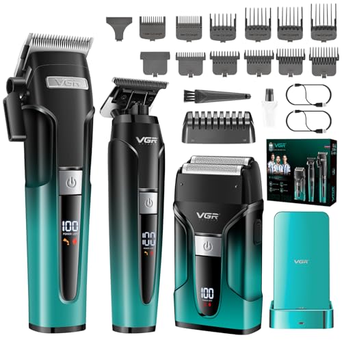 VGR 694 Professional Men's Hair Clipper Kit, Wireless Beard and Hair Trimmer with Magnetic Charging Station, Barber Kit Equipped Ceramic Blades and LED Display, Green