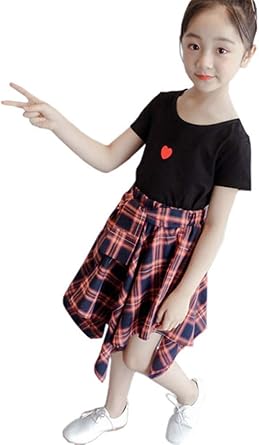 Amazon Online 子供服 女の子 ワンピース 夏服 子供服 半袖 スカート 西洋風 子供 王女 皇女 スカート 女の子 格子 セット スカート 110 160 ワンピース チュニック 通販