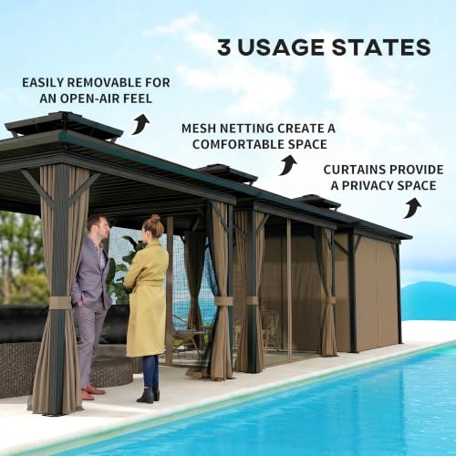 Outsunny 10x10 Hardtop Gazebo with Mesh Netting and Curtains, Dark Brown image 21