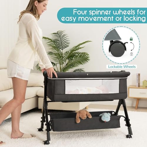 Baby Bassinet Crib, Bedside Bassinet for Baby, 3 in 1 Bassinet Bedside Sleeper with Wheels, Mosquito Net, Adjustable Easy Folding Portable Baby Bed for Infant Newborn