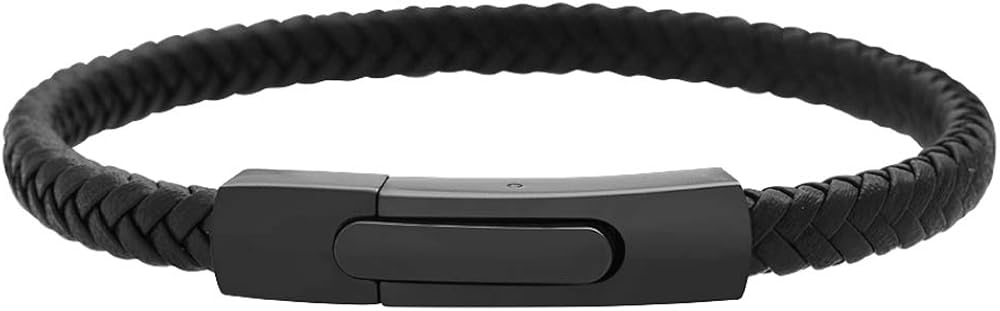 Geoffrey Beene Men's Braided Genuine Leather Fashion Bangle Bracelet with Stainless Steel Clasp (Black): Clothing