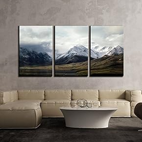 3 Piece Canvas Wall Art - Snow Covered Mountains Under Cloudy Sky - Modern Home Art Stretched and Framed Ready to Hang - 16"x24"x3 Panels