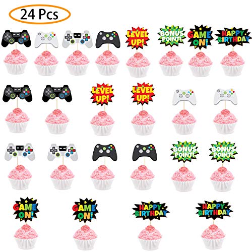 24 Pieces Video Game Cupcake Toppers, Cupcake Picks Cake Decorations for Kids Game Themed Party