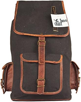 Leather Canvas Backpack Men Women Laptop Bags Satchel Hiking Daypacks Casual Rucksack Book College School Bag Mountaineering Travel Bag Vintage By Indo Craft (Black)