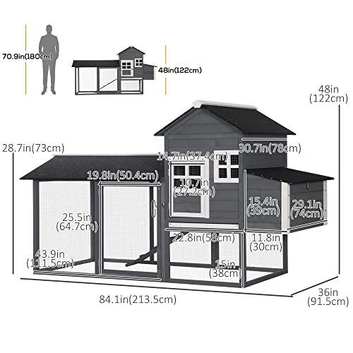 PawHut 82" Chicken Coop Wooden Rabbit Hutch Hen House Poultry Cage Pen Outdoor Backyard with Run and Nesting Box, Grey
