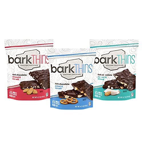 barkTHINS Almond Sea Salt, Pretzel Sea Salt, Coconut Almond Dark Chocolate Snacking Chocolate, Fair Trade and Non GMO, 4.7 oz Bags (3 Count)