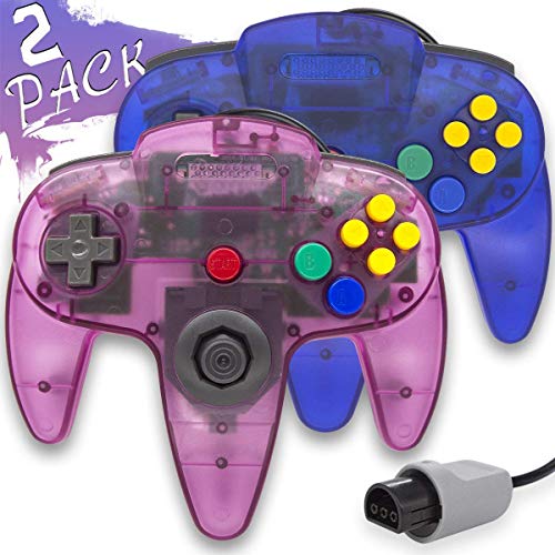 Wired Controller for Nintendo 64 N64 Console, Upgraded Joystick Classic Video Game Gamepad(1Clear Blue and Clear Purple,Pack of 2)