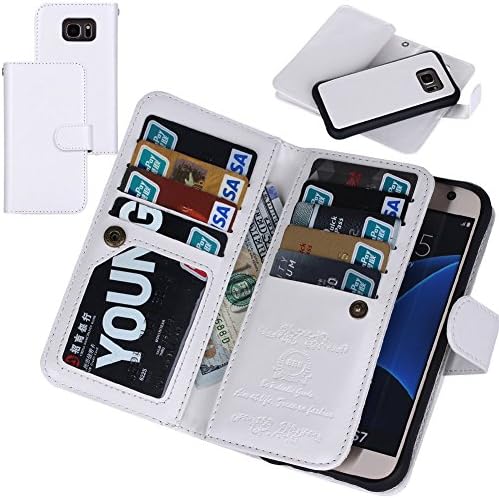 Juzi S7 Case, Premium Wallet Leather Credit Card Flip Folio Case by - Detachable Magnetic Back Cover with Lanyard Wrist Hand Strap for G930 Samsung Galaxy S7 (White)