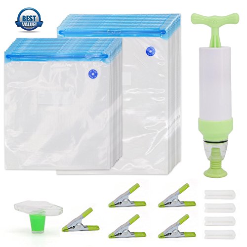 Sous Vide Bags Kit for Anova Cookers - Hoople 20 BPA Free Food Vacuum Sealed Bags, 1 Hand Pump, 4 Bag Sealing Clips and 5 Sous Vide Clips, Reusable & Easy to Use, Practical for Food Storage & Cooking