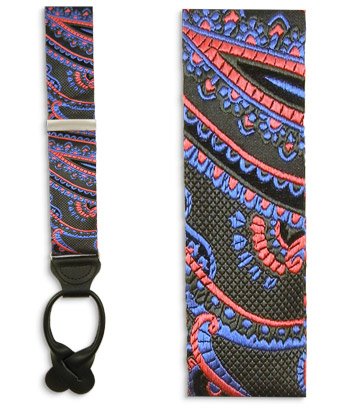 100% Silk Charcoal, Red, and Blue Cameron Paisley Suspenders