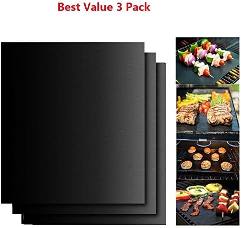Set of 3 BBQ Grill Mats, Reusable Durable Non-Stick Heat Resistant Cover for Charcoal, Gas & Electric Barbecue Grills - Premium Large Grilling, Cooking and Baking Sheets 15.75 x 13 Inch