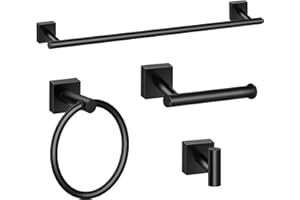 DEGULAS Bathroom Hardware Set 4 Pieces, Matte Black Stainless Steel Towel Bar Set, Includes 24In Towel Bar, Towel Ring, Robe 