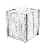 Comtelek Tissue Box Cover Square Tissue Holder Wooden Rustic Torched Bathroom Facial Tissue Dispenser With Slide-Out Bottom Panel White Novelty Splicing Napkin Holder (Square)
