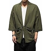 PRIJOUHE Men's Kimono Jackets Cardigan Casual Cotton Blends Linen Seven Sleeve Open Front Embroidery Coat