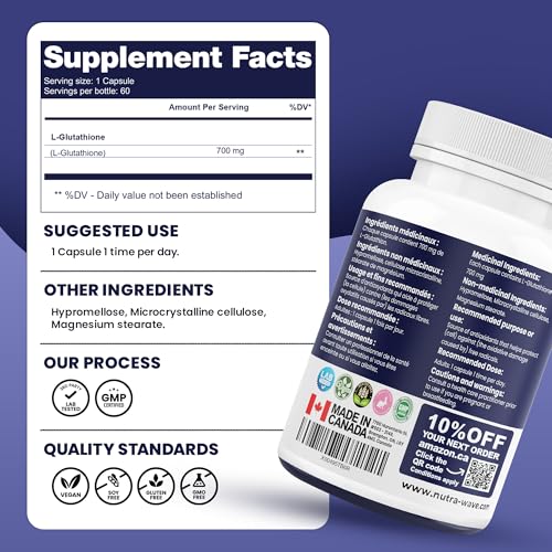 Nutrawave HIGHEST POTENCY AVAILABLE L-Glutathione 700mg per capsule Supplement,- Non-GMO, Soy & Gluten Free - 60 Capsules