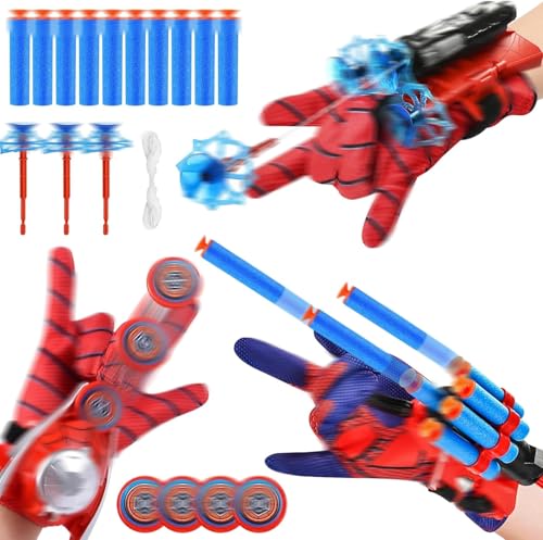 Wyfdczzp 3 Set Spider Launcher Handschuh,Spider Handschuhe Spinnennetz,Spiderm Web Shooter Mit Saugnapf-Darts Und Frisbee,Spiderm Spielzeug Spider Netzwerfer Cosplay Geschenk Für Kinder(D)