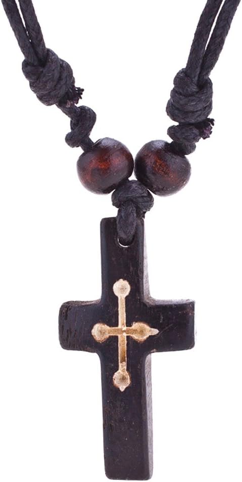 YHY Handmade Black Carved Bovine Bone Cross Pendant Necklace Cotton Rope Adjustable