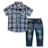 FERENYI US Kids Clothing Boys Casual Short Sleeved Plaid Shirt and Denim Jeans Sets Blue