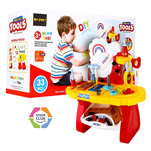 STEM Toddler Toy Drill and Learn Tool Set, Toy Choi’s 33 Pieces DIY Construction Toolbox Workbench
