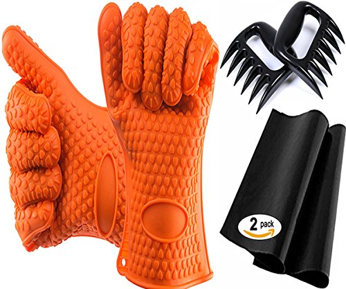 Complete Set For Grill/Oven/Barbecue - Silicone Gloves + 2 Non-Stick Mats + Pair of Meat Claws | Perfect Set as a Gift | FDA Approved, BPA Free