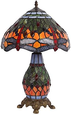 Bieye L30566 Dragonfly Tiffany Style Stained Glass Table Lamp with 12-inches Wide Handmade Lamp Shade Double Lit for Bedroom Bedside Living Room 19-inches Tall