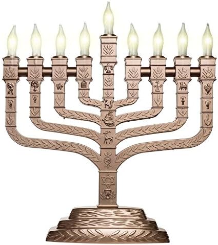 Knesset Style Electric Menorah Matte Gold with the Symbols of the Twelve Tribes - Frosted Bulbs