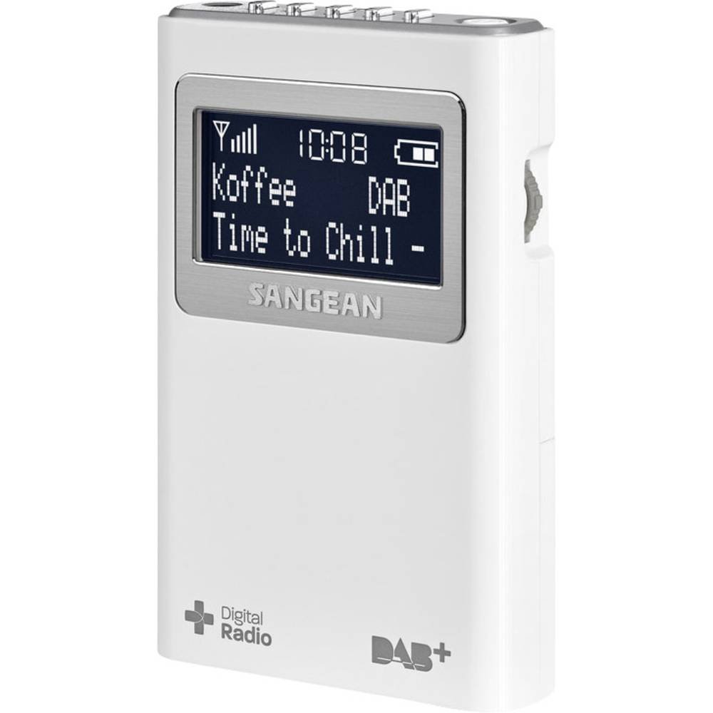 Sangean White DPR-39 Radio, Portable, Hand-held Size, 10 Station Presets (5 DAB+, 5 FM), Battery Power Indicator, Powered by 2 AA Batteries, Lock Switch