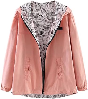 WANTU Womens Cartoon Print Pockets Reversible Hooded Zip Jacket, Multi Colors (US 4-6, pink)