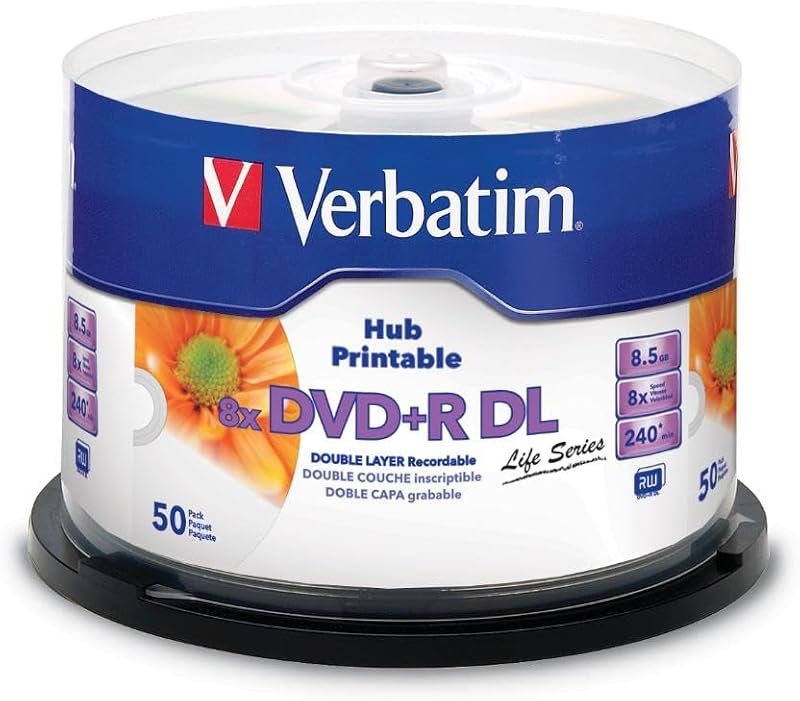 Verbatim DVD+R DL Double Layer 8.5GB 8x Printable White Disc 50 Pack Cake Box
