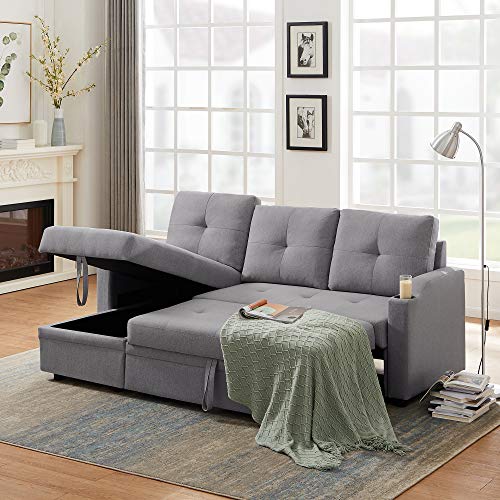 81inch Reversible Sleeper Sectional Sofa with Storage and 2 Cup Holder
