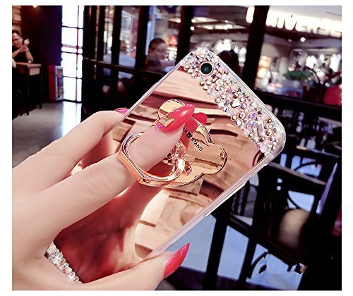 Galaxy J5 2015 Glitter Case,Galaxy J5 2015 Case,Leeook Creative Mirror Effect Diamond Soft Silicone Case Cover with Bear Ring Kickstand for Samsung Galaxy J5 2015-Rose Gold