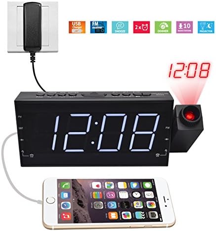 Digital Dimmable Projection Alarm Clock Radio with 1.8" white LED display, USB charging, DC Battery Backup, Dual Alarm, Sleep Timer,Snooze (PCR-2159)