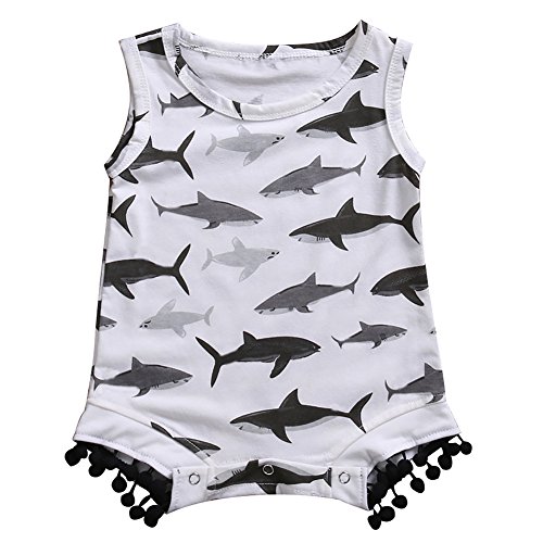 Baby Girls Sleeveless Cartoon Animal Sharks Print Pompom Romper Sunsuit Bodysuit