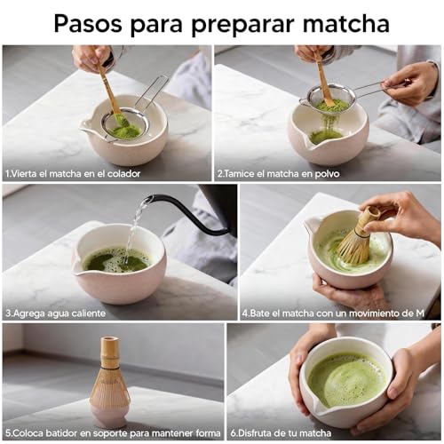 Kit de Té Matcha Tradicional, Juego de Té Matcha 8 Piezas – Tazón de Cerámica Artesanal, Batidor de Bambú, Soporte y Cuchara Kit Completo para Ceremonia de Té Japonesa en Casa (gris)