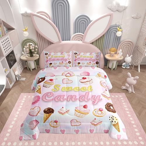 Castle Fairy Dessert Kids Comforter Sets Full Size,Girls Cupcake Ice Cream Bedding Comforter Sets,Sweet Donut Food Quilt Sets for Adult Bedroom Decor,Pink Gradient Duvet Insert with 2 Pillowcases at Amazon
