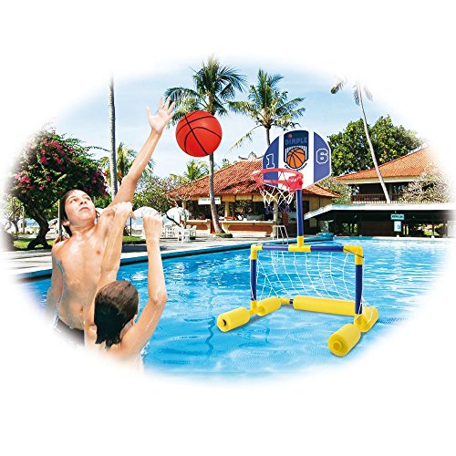 Dimple Floating Basketball and Soccer Goal Pool Set for Young Kids, with 2 Nets, Small Balls, and Pump, Great Educational Toy for Kids