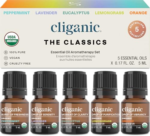 Cliganic – Juego de Aceites Esenciales Orgánicos Top 5 (Menta, Lavanda, Eucalipto, Limoncillo y Naranja), 100% Puros y Naturales, para Aromaterapia y Fabricación de Velas