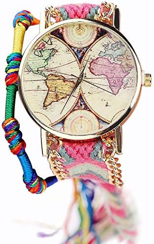 Ref2b26 BR.1039 - wristwatch with a Brazilian bracelet strap - pink and salmon - map of the world pattern - hippy bohemian - chic bohemian style - world map