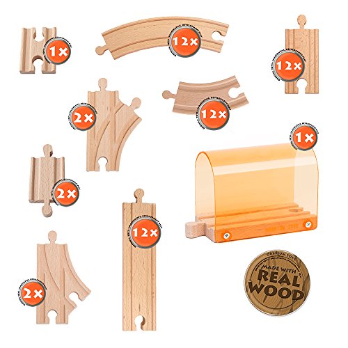 56 Piece Wooden Train Track Expansion Pack with Tunnel Compatible Thomas Wooden Railway Brio Chuggington Imaginarium Set by Orbrium Toys.