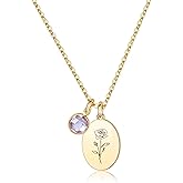 JRLCTECH Birth Flower Necklaces for Women, 18K Gold Plated Dainty Birthstone Pendant Necklaces Trendy Handmade Oval Coin Birth Month Flower Jewelry Birthday Gifts for Women Girls Teens