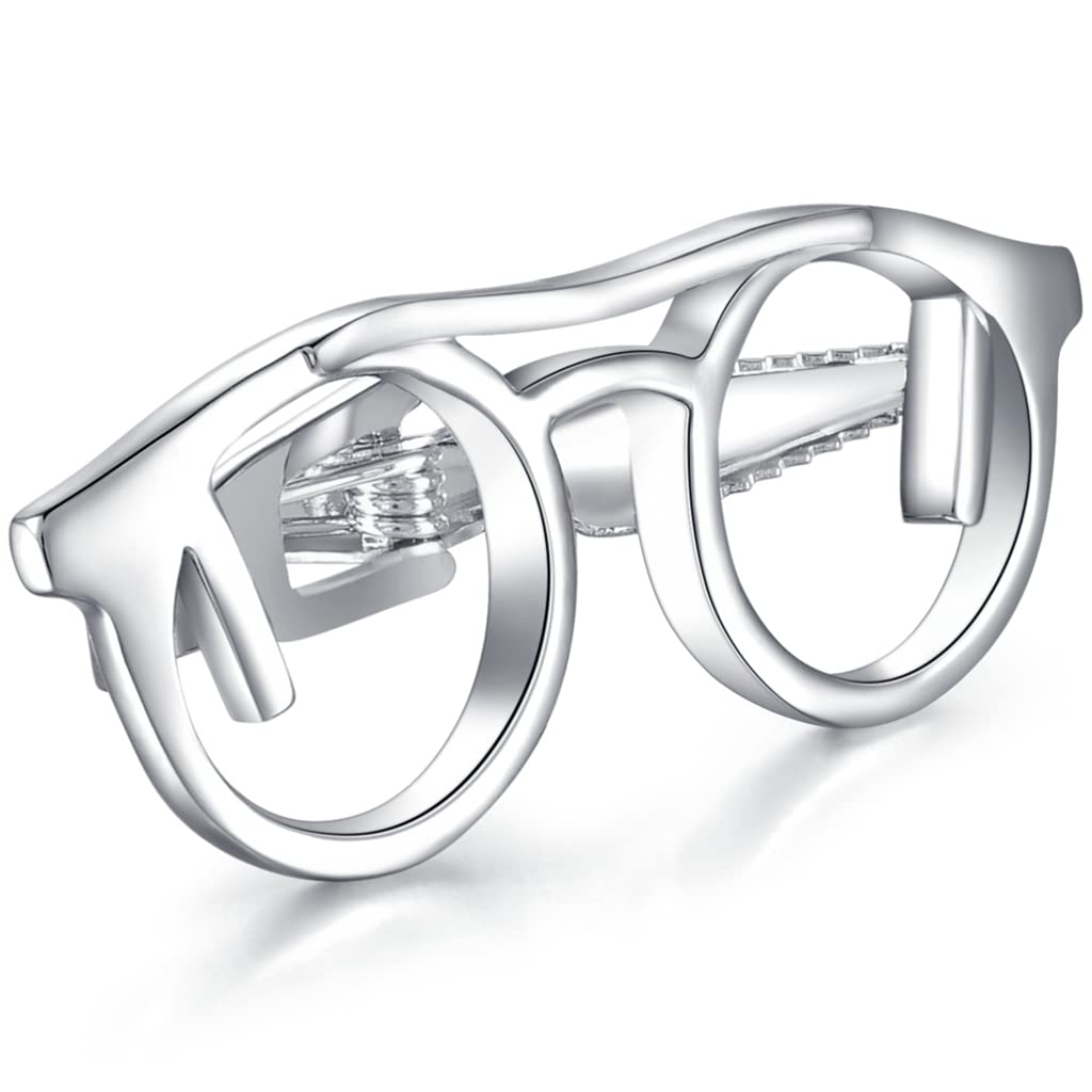 HONEY BEAR 1.89" Glasses Eyeglasses Tie Clip Bar for Mens Normal Size Tie,Eye Glasses Shape,4.8cm Silver