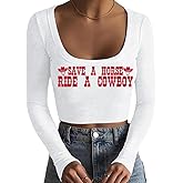 Western Outfit for Women Country Concert Tops Cute Cowgirl Graphic Tee Casual Square Neck Long Sleeve Crop Top