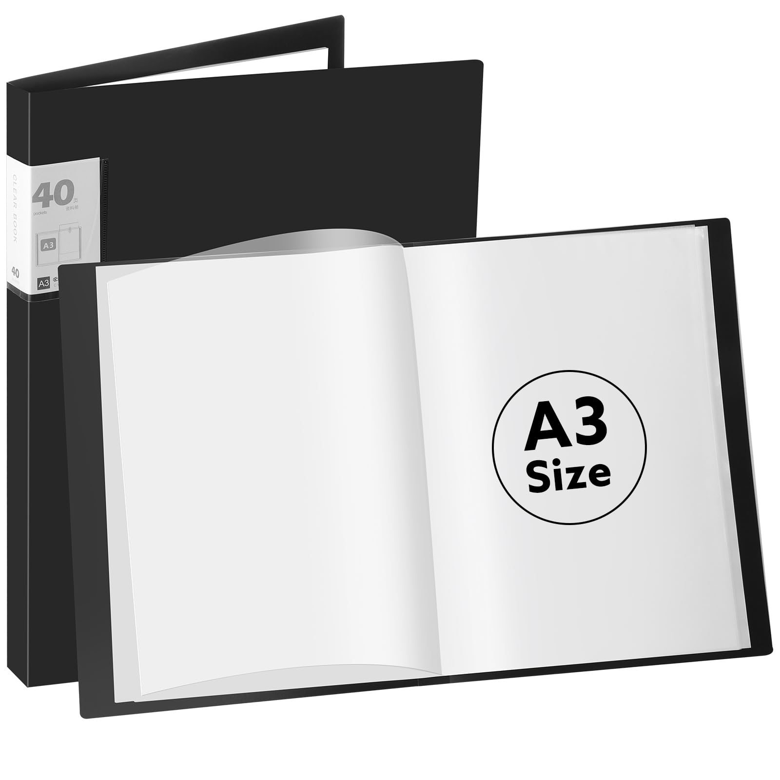 A3 Display Book Folder, 40 Pocket Presentation Portfolio Folder with Clear Plastic Sleeve for Painting Artwork Portfolio (Black)