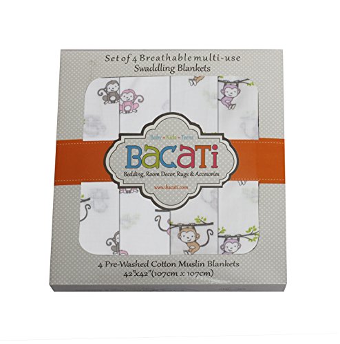 Bacati Set of 4 Happy Monkeys Muslin Swaddling Blankets, Pink/Purple/Grey