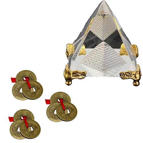 Divya Mantra Feng Shui Crystal Glass 4 cm Pyramid with Golden Stand For Spiritual Healing, Vastu Correction and Balancing & Chinese Lucky Set of 3 Brown I-Ching Coins for Good Luck, Success-Combo Pack