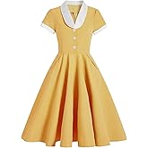 Women 50s 60s Vintage Short Sleeve V-Neck Cocktail Swing Dress Notch Lapel Collar Audrey Hepburn Rockabilly Prom Dress Casual Work Wedding Party Elegant Midi Evening Dress with Pockets Yellow XL