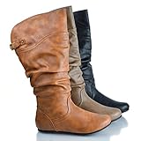 Round Toe Adjustable Buckle Mid Calf Slouchy Pull On Boots