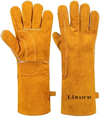 Lixure 耐熱 手袋 プレミアム 牛革 溶接用手袋 40cm 男性 女性 兼用 耐熱グローブ 厚手で 柔らかい 通気性 耐熱性 レザーグローブ リガー手袋 キャンプ、BBQ、薪作業、鉄鋼作業、土木作業、建築作業、園芸、猫を飼う16inch